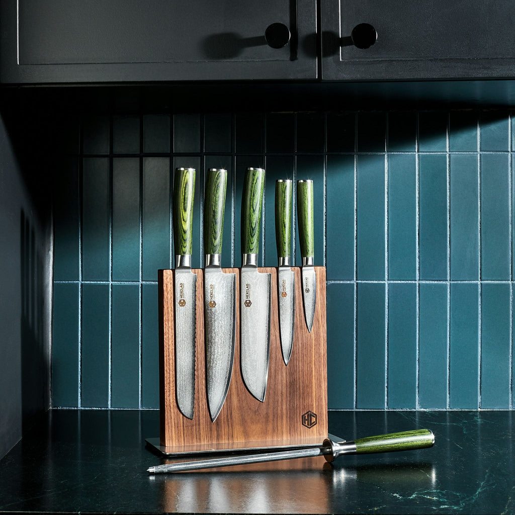 6 pc Japanese Damascus Steel Knife Set w/ Magnetic Knife Block